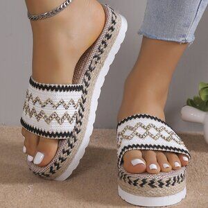 Geometric Weave Platform Sandals in White